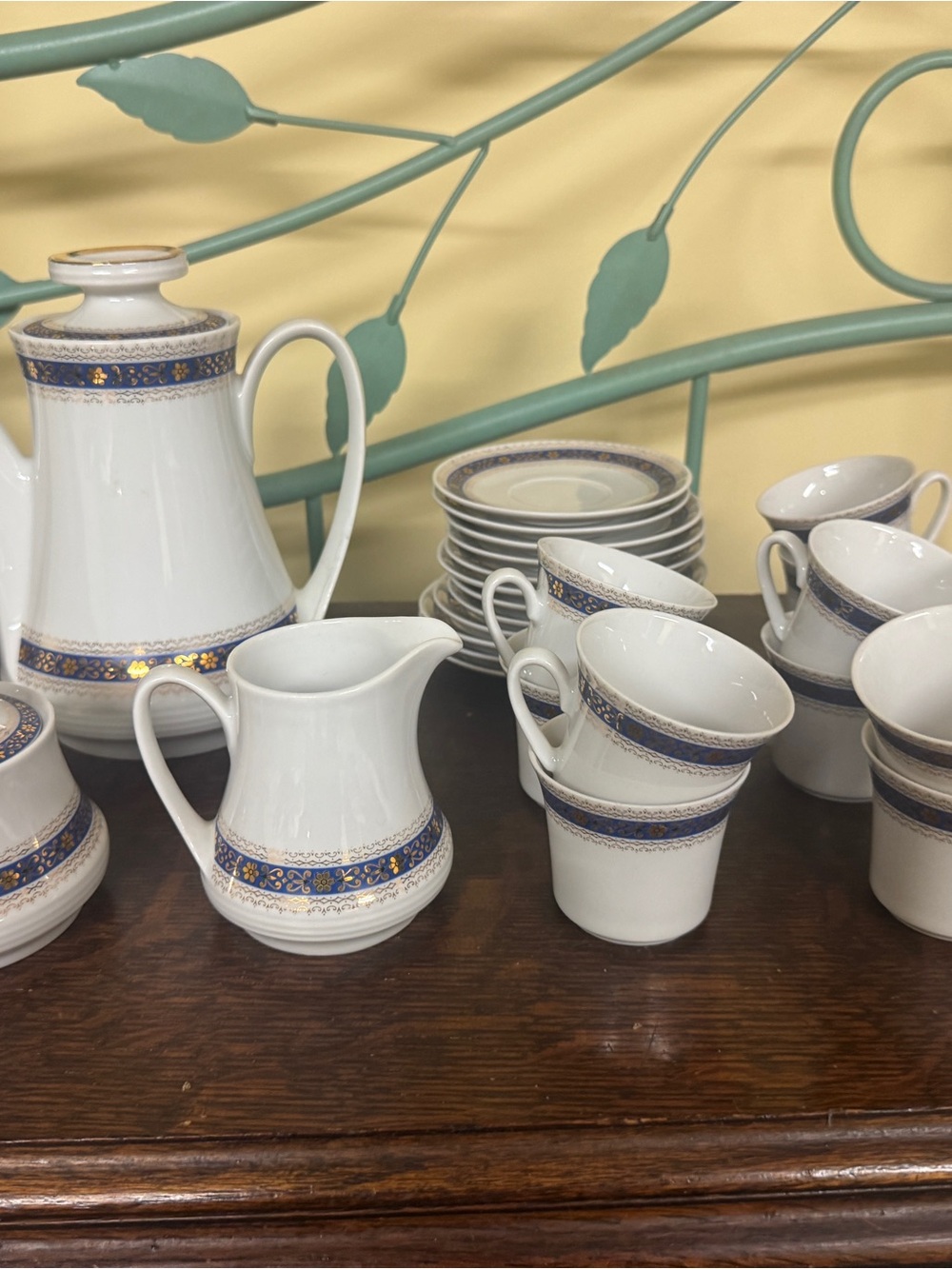 Aria White Porcelain Tea Service with Blue and Gold Banding